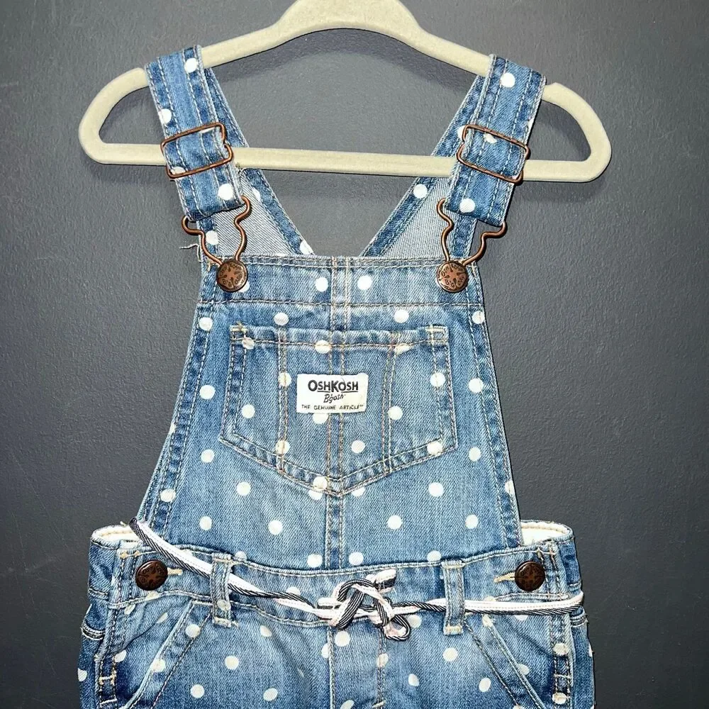Oshkosh B'gosh Girls 3T Denim Polka Dot Overalls Blue White Belt Dungarees